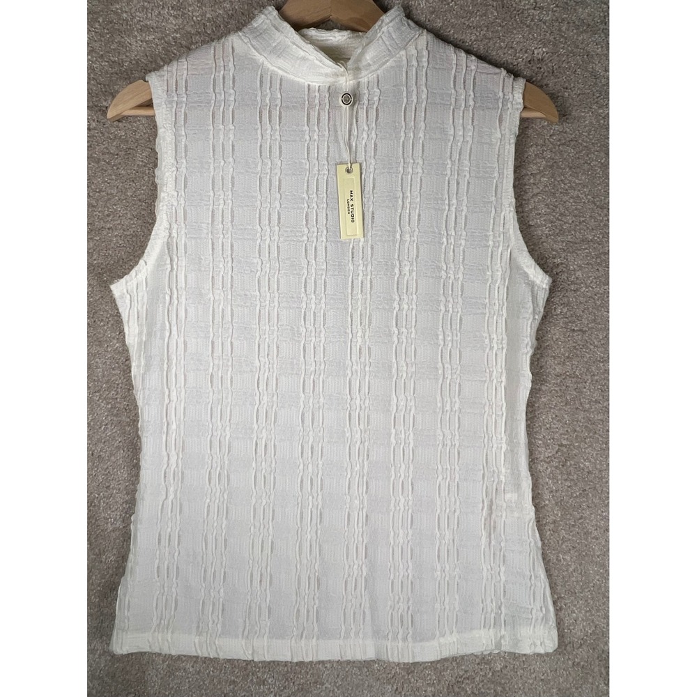 Max Studio London Cream Textured Mock Neck Sleeveless Top Womens Medium Capsule
